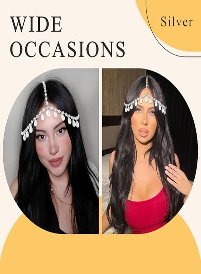 Cerun 1 Pcs PremiumSilver Head Chain Pearls Pendant Headpiece Sparkly Rhinestone Boho Headpiece Shiny Tassel Hair Chain Bridal Party Costume Hair Accessories for Women and Girls - Image 3